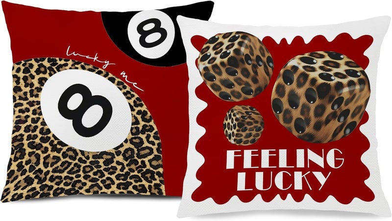 Nipil Trendy Leopard Pillow Covers 18x18, Cheetah Leopard Print Room Decor, Red Preppy Cheetah Print Dice Lucky 8 Ball Decorative Throw Pillow Covers for Girls Bedroom Dorm Apartment, Set of 2 - Image 1